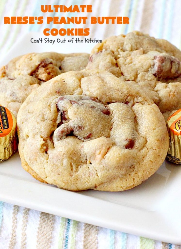 Ultimate Reese's Peanut Butter Cookies | Can't Stay Out of the Kitchen | these amazing #cookies contain double the #peanutbutter flavor with peanut butter chips & #Reeses peanut butter cups! Rich, decadent, divine #dessert that's the perfect way to use up #halloween candy. 