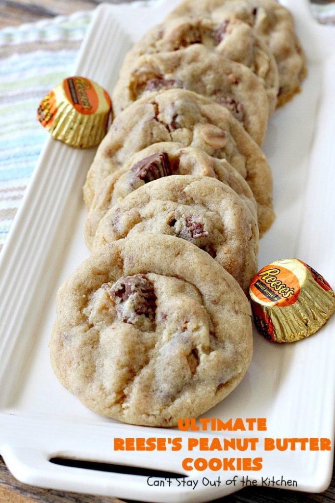 Ultimate Reese's Peanut Butter Cookies | Can't Stay Out of the Kitchen | these amazing #cookies contain double the #peanutbutter flavor with peanut butter chips & #Reeses peanut butter cups! Rich, decadent, divine #dessert that's the perfect way to use up #halloween candy. 