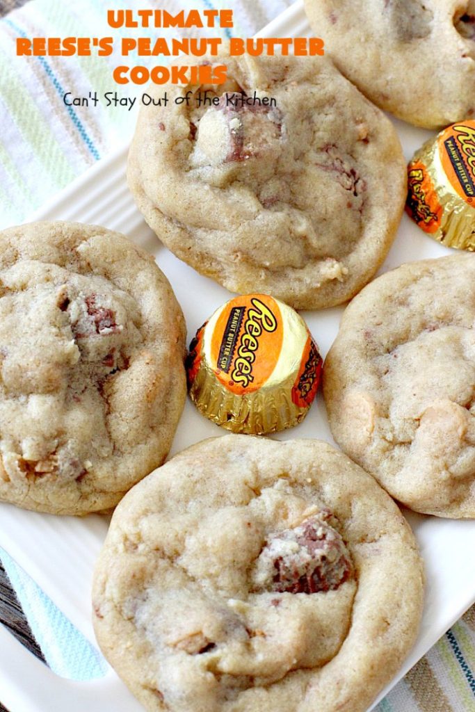 Ultimate Reese's Peanut Butter Cookies | Can't Stay Out of the Kitchen | these amazing #cookies contain double the #peanutbutter flavor with peanut butter chips & #Reeses peanut butter cups! Rich, decadent, divine #dessert that's the perfect way to use up #halloween candy. 