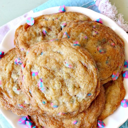 Unicorn Cookies | Can't Stay Out of the Kitchen | these adorable #cookies are made with #Nestles #Unicorn morsels. Terrific for #BirthdayParties or #holidays. #tailgating #dessert #HolidayDessert #ChristmasCookieExchange #UnicornCookies