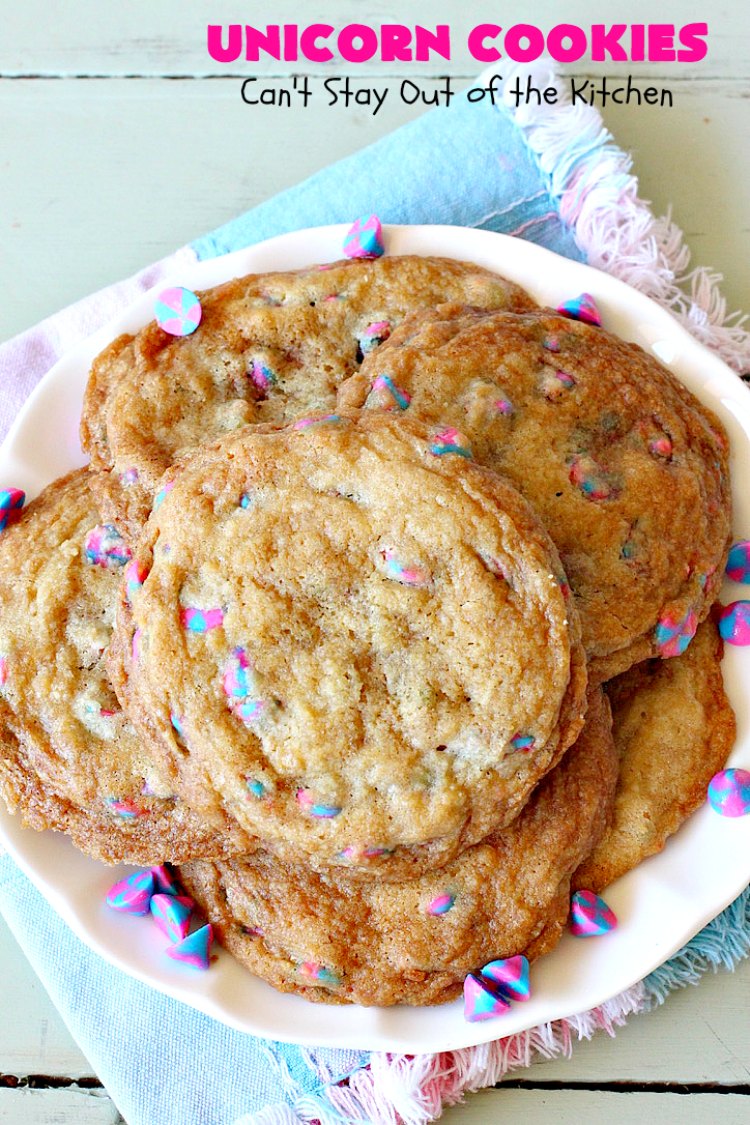 Unicorn Cookies | Can't Stay Out of the Kitchen | these adorable #cookies are made with #Nestles #Unicorn morsels. Terrific for #BirthdayParties or #holidays. #tailgating #dessert #HolidayDessert #ChristmasCookieExchange #UnicornCookies