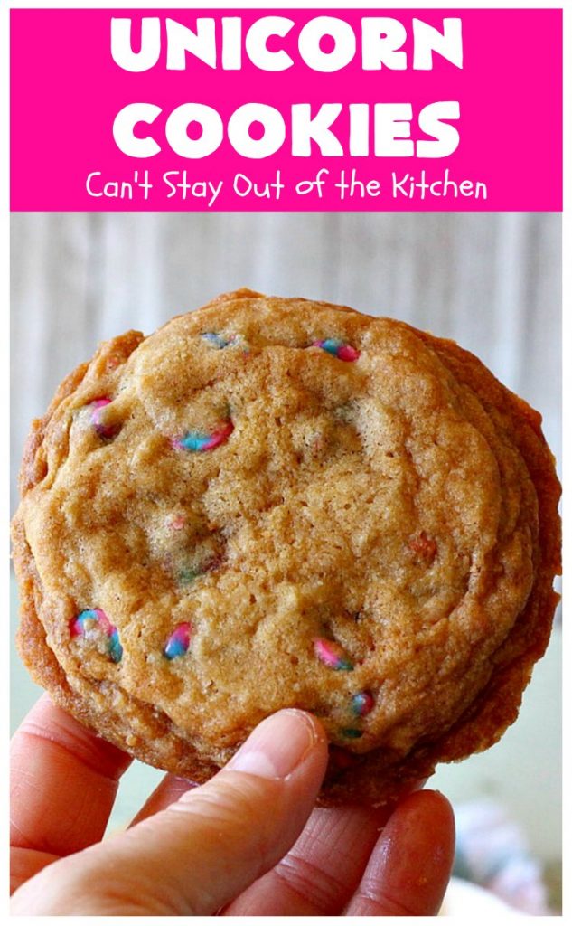 Unicorn Cookies | Can't Stay Out of the Kitchen | these adorable #cookies are made with #Nestles #Unicorn morsels. Terrific for #BirthdayParties or #holidays. #tailgating #dessert #HolidayDessert #ChristmasCookieExchange #UnicornCookies