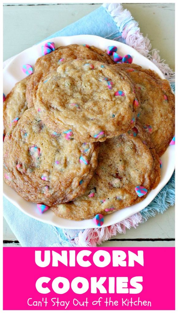 Unicorn Cookies | Can't Stay Out of the Kitchen | these adorable #cookies are made with #Nestles #Unicorn morsels. Terrific for #BirthdayParties or #holidays. #tailgating #dessert #HolidayDessert #ChristmasCookieExchange #UnicornCookies