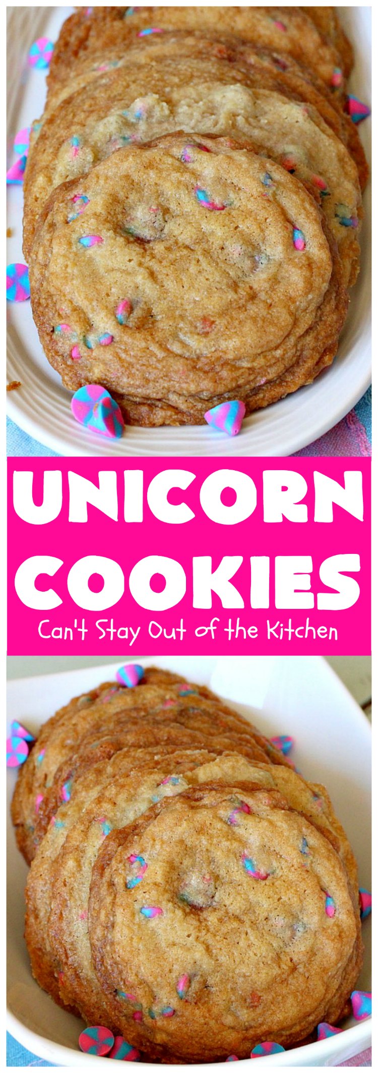 Unicorn Cookies | Can't Stay Out of the Kitchen | these adorable #cookies are made with #Nestles #Unicorn morsels. Terrific for #BirthdayParties or #holidays. #tailgating #dessert #HolidayDessert #ChristmasCookieExchange #UnicornCookies