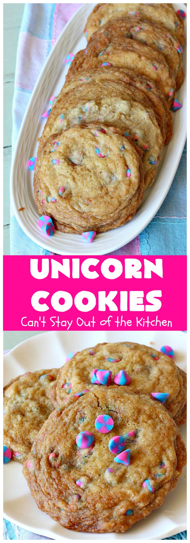 Unicorn Cookies | Can't Stay Out of the Kitchen | these adorable #cookies are made with #Nestles #Unicorn morsels. Terrific for #BirthdayParties or #holidays. #tailgating #dessert #HolidayDessert #ChristmasCookieExchange #UnicornCookies