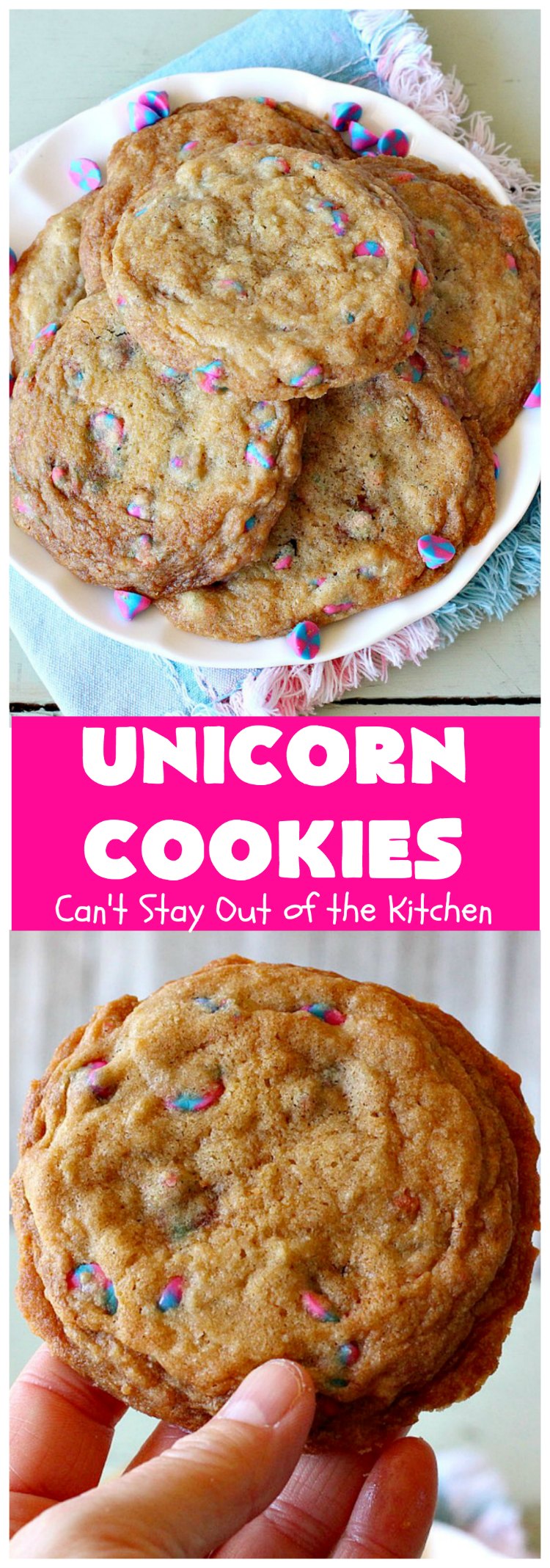 Unicorn Cookies | Can't Stay Out of the Kitchen | these adorable #cookies are made with #Nestles #Unicorn morsels. Terrific for #BirthdayParties or #holidays. #tailgating #dessert #HolidayDessert #ChristmasCookieExchange #UnicornCookies