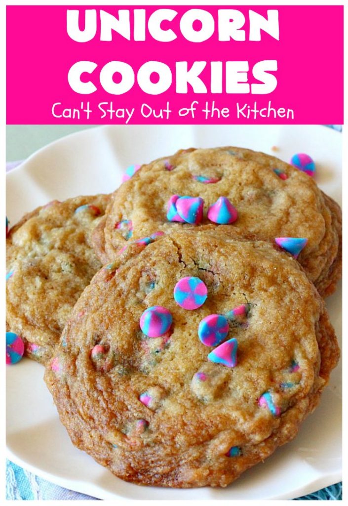 Unicorn Cookies | Can't Stay Out of the Kitchen | these adorable #cookies are made with #Nestles #Unicorn morsels. Terrific for #BirthdayParties or #holidays. #tailgating #dessert #HolidayDessert #ChristmasCookieExchange #UnicornCookies