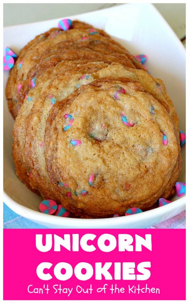 Unicorn Cookies | Can't Stay Out of the Kitchen | these adorable #cookies are made with #Nestles #Unicorn morsels. Terrific for #BirthdayParties or #holidays. #tailgating #dessert #HolidayDessert #ChristmasCookieExchange #UnicornCookies