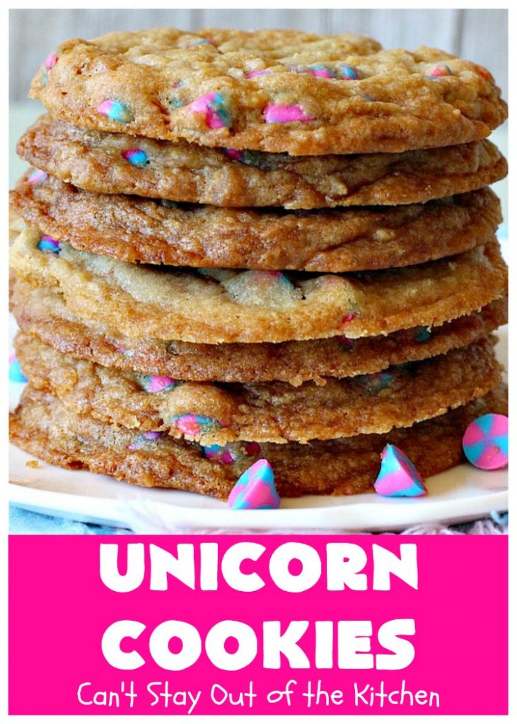 Unicorn Cookies | Can't Stay Out of the Kitchen | these adorable #cookies are made with #Nestles #Unicorn morsels. Terrific for #BirthdayParties or #holidays. #tailgating #dessert #HolidayDessert #ChristmasCookieExchange #UnicornCookies