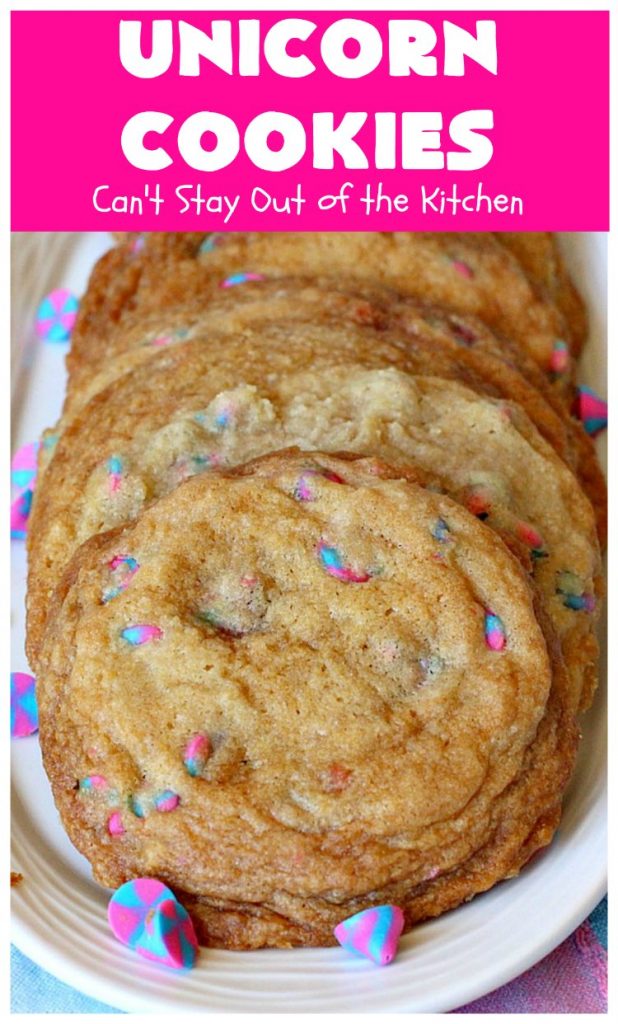 Unicorn Cookies | Can't Stay Out of the Kitchen | these adorable #cookies are made with #Nestles #Unicorn morsels. Terrific for #BirthdayParties or #holidays. #tailgating #dessert #HolidayDessert #ChristmasCookieExchange #UnicornCookies