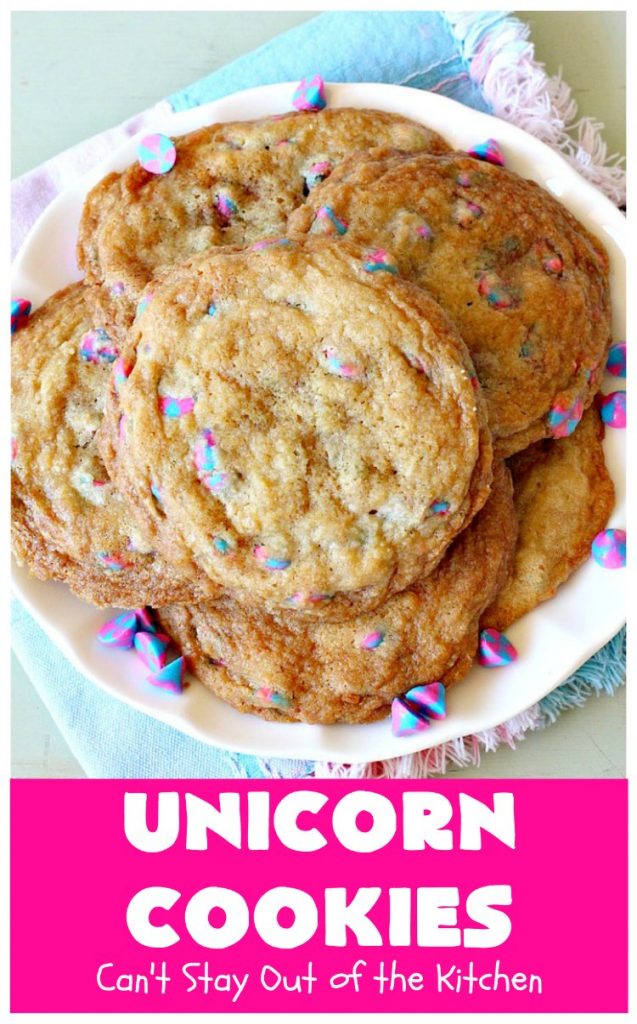 Unicorn Cookies | Can't Stay Out of the Kitchen | these adorable #cookies are made with #Nestles #Unicorn morsels. Terrific for #BirthdayParties or #holidays. #tailgating #dessert #HolidayDessert #ChristmasCookieExchange #UnicornCookies