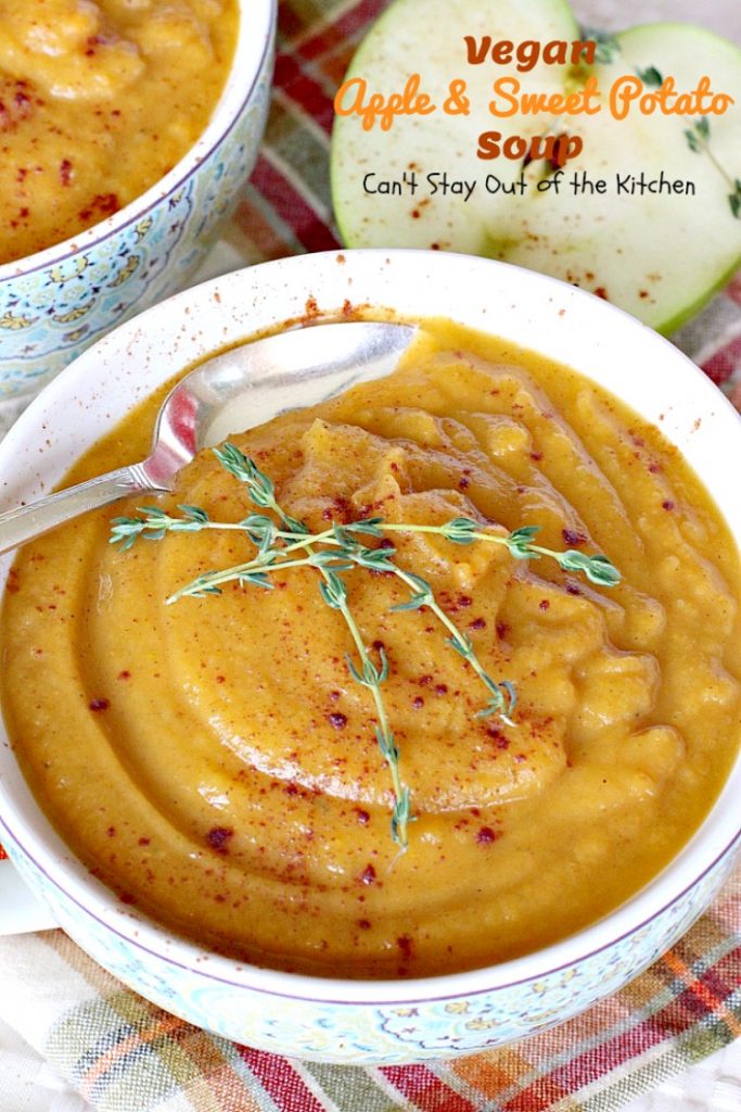 Vegan Apple and Sweet Potato Soup | Can't Stay Out of the Kitchen | this #soup is so delicious (& easy to make) that you won't believe it's healthy, low calorie, #glutenfree & #vegan. Incredibly great comfort food! #apples #sweetpotatoes 