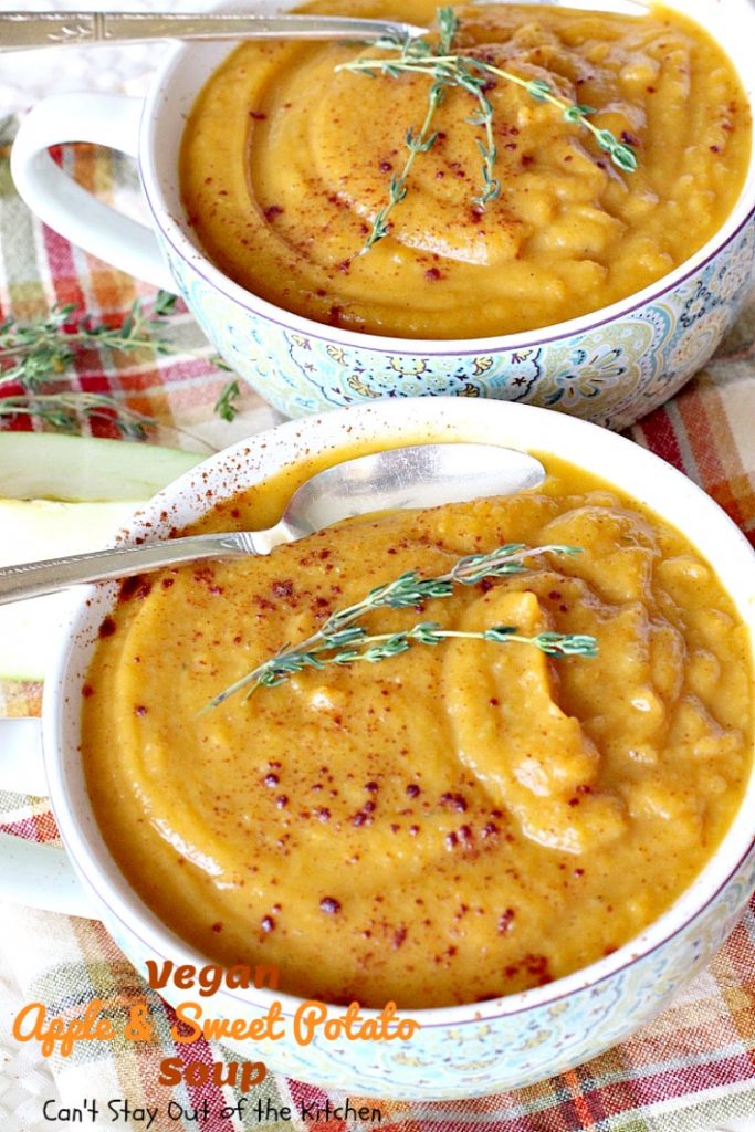 Vegan Apple and Sweet Potato Soup | Can't Stay Out of the Kitchen | this #soup is so delicious (& easy to make) that you won't believe it's healthy, low calorie, #glutenfree & #vegan. Incredibly great comfort food! #apples #sweetpotatoes 