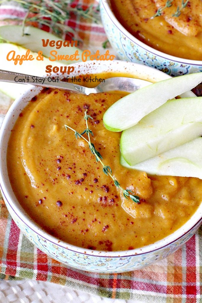 Vegan Apple and Sweet Potato Soup | Can't Stay Out of the Kitchen | this #soup is so delicious (& easy to make) that you won't believe it's healthy, low calorie, #glutenfree & #vegan. Incredibly great comfort food! #apples #sweetpotatoes 