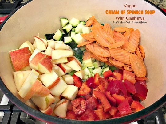 Vegan Cream of Spinach Soup with Cashews | Can't Stay Out of the Kitchen | this delicious #spinach #soup uses #cashews, #apples & lots of veggies for a delightfully scrumptious and healthy recipe you're sure to enjoy. #glutenfree #vegan
