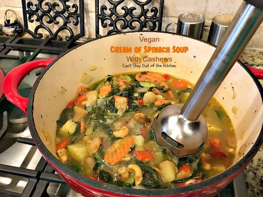 Vegan Cream of Spinach Soup with Cashews | Can't Stay Out of the Kitchen | this delicious #spinach #soup uses #cashews, #apples & lots of veggies for a delightfully scrumptious and healthy recipe you're sure to enjoy. #glutenfree #vegan