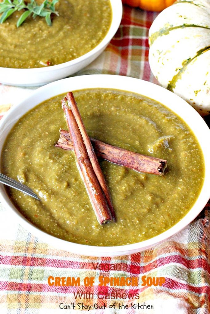 Vegan Cream of Spinach Soup with Cashews | Can't Stay Out of the Kitchen | this delicious #spinach #soup uses #cashews, #apples & lots of veggies for a delightfully scrumptious and healthy recipe you're sure to enjoy. #glutenfree #vegan