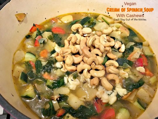 Vegan Cream of Spinach Soup with Cashews | Can't Stay Out of the Kitchen | this delicious #spinach #soup uses #cashews, #apples & lots of veggies for a delightfully scrumptious and healthy recipe you're sure to enjoy. #glutenfree #vegan