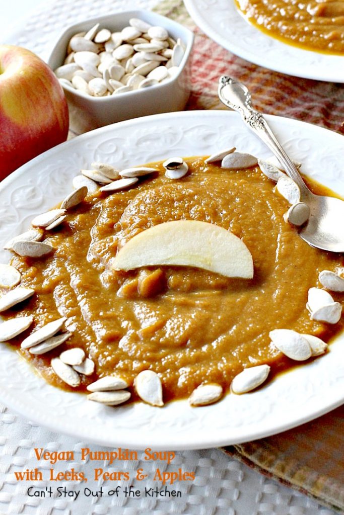 Vegan Pumpkin Soup with Leeks, Pears and Apples | Can't Stay Out of the Kitchen | this #soup is sensational - one of the best we have ever eaten! Comfort food at its finest. #vegan #glutenfree #pumpkin