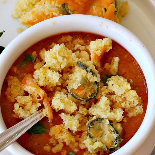 Vegan Roasted Tomato Basil Soup | Can't Stay Out of the Kitchen | this delicious #soup starts with roasting all the veggies for amped up flavors. It's terrific served with #GrilledCheeseSandwiches or #cornbread. This comfort food #recipe is #healthy, #LowCalorie #Vegan & #GlutenFree. #tomatoes #TomatoBasilSoup #VeganRoastedTomatoBasilSoup