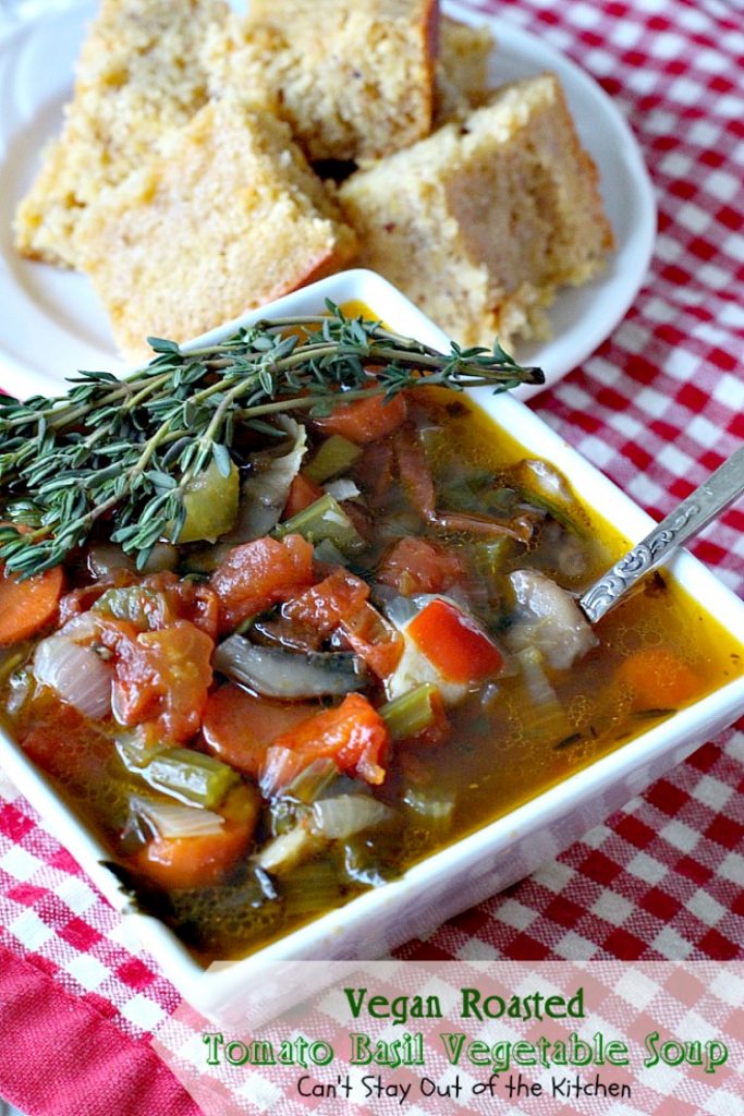 Vegan Roasted Tomato Basil Vegetable Soup | Can't Stay Out of the Kitchen | this amazing #soup starts with roasted vegetables and then it's cooked in the #slowcooker. Everyone loves this recipe. Healthy, low calorie, #glutenfree & #vegan