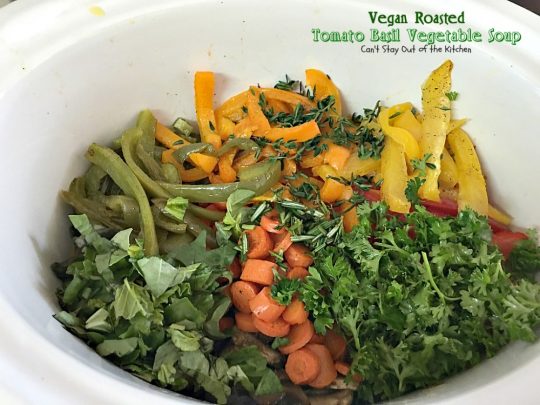 Vegan Roasted Tomato Basil Vegetable Soup | Can't Stay Out of the Kitchen | this amazing #soup starts with roasted vegetables and then it's cooked in the #slowcooker. Everyone loves this recipe. Healthy, low calorie, #glutenfree & #vegan
