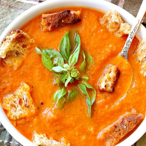 Vegan Roasted Tomato Soup | Can't Stay Out of the Kitchen | this fantastic #tomatosoup uses roasted #veggies, #basil & homemade #glutenfree croutons. Absolutely wonderful! #vegan #soup