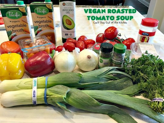 Vegan Roasted Tomato Soup | Can't Stay Out of the Kitchen | this fantastic #tomatosoup uses roasted #veggies, #basil & homemade #glutenfree croutons. Absolutely wonderful! #vegan #soup