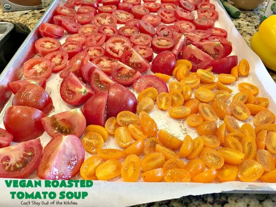 Vegan Roasted Tomato Soup | Can't Stay Out of the Kitchen | this fantastic #tomatosoup uses roasted #veggies, #basil & homemade #glutenfree croutons. Absolutely wonderful! #vegan #soup