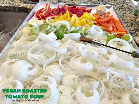 Vegan Roasted Tomato Soup | Can't Stay Out of the Kitchen | this fantastic #tomatosoup uses roasted #veggies, #basil & homemade #glutenfree croutons. Absolutely wonderful! #vegan #soup