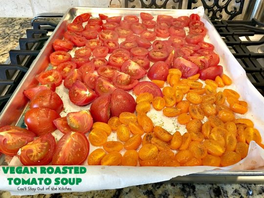 Vegan Roasted Tomato Soup | Can't Stay Out of the Kitchen | this fantastic #tomatosoup uses roasted #veggies, #basil & homemade #glutenfree croutons. Absolutely wonderful! #vegan #soup