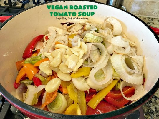 Vegan Roasted Tomato Soup | Can't Stay Out of the Kitchen | this fantastic #tomatosoup uses roasted #veggies, #basil & homemade #glutenfree croutons. Absolutely wonderful! #vegan #soup