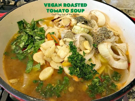 Vegan Roasted Tomato Soup | Can't Stay Out of the Kitchen | this fantastic #tomatosoup uses roasted #veggies, #basil & homemade #glutenfree croutons. Absolutely wonderful! #vegan #soup