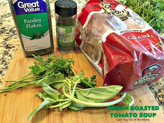 Vegan Roasted Tomato Soup | Can't Stay Out of the Kitchen | this fantastic #tomatosoup uses roasted #veggies, #basil & homemade #glutenfree croutons. Absolutely wonderful! #vegan #soup