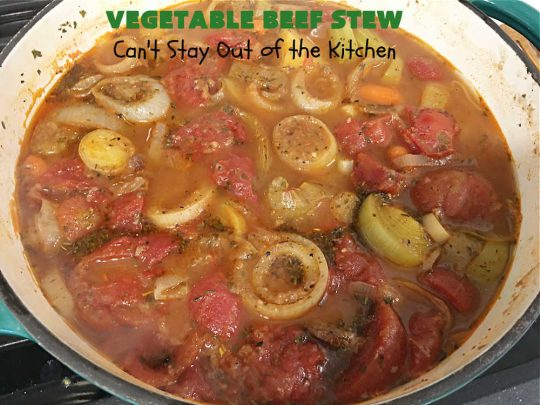Vegetable Beef Stew | Can't Stay Out of the Kitchen | this amazing #BeefStew is one of our favorite comfort food #recipes. It's so hearty, filling & satisfying that you'll want second & third helpings! #potatoes #carrots #beef #peas #corn #GreenBeans #VegetableBeefStew
