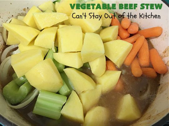 Vegetable Beef Stew | Can't Stay Out of the Kitchen | this amazing #BeefStew is one of our favorite comfort food #recipes. It's so hearty, filling & satisfying that you'll want second & third helpings! #potatoes #carrots #beef #peas #corn #GreenBeans #VegetableBeefStew