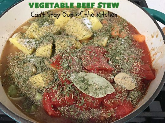 Vegetable Beef Stew | Can't Stay Out of the Kitchen | this amazing #BeefStew is one of our favorite comfort food #recipes. It's so hearty, filling & satisfying that you'll want second & third helpings! #potatoes #carrots #beef #peas #corn #GreenBeans #VegetableBeefStew