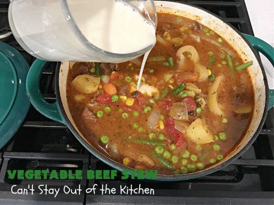 Vegetable Beef Stew | Can't Stay Out of the Kitchen | this amazing #BeefStew is one of our favorite comfort food #recipes. It's so hearty, filling & satisfying that you'll want second & third helpings! #potatoes #carrots #beef #peas #corn #GreenBeans #VegetableBeefStew