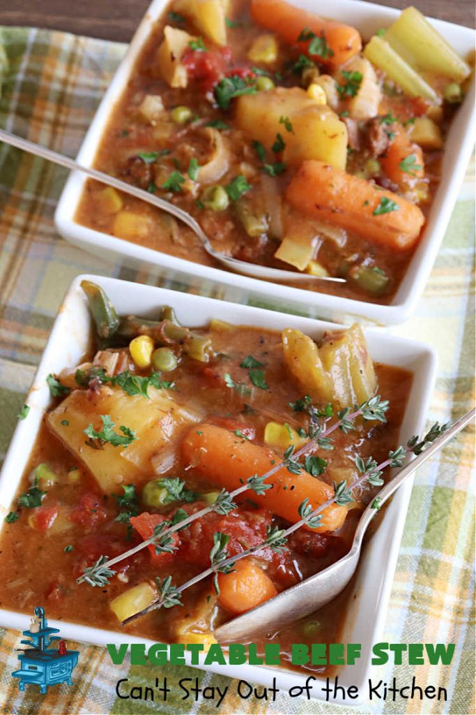 Vegetable Beef Stew | Can't Stay Out of the Kitchen | this amazing #BeefStew is one of our favorite comfort food #recipes. It's so hearty, filling & satisfying that you'll want second & third helpings! #potatoes #carrots #beef #peas #corn #GreenBeans #VegetableBeefStew