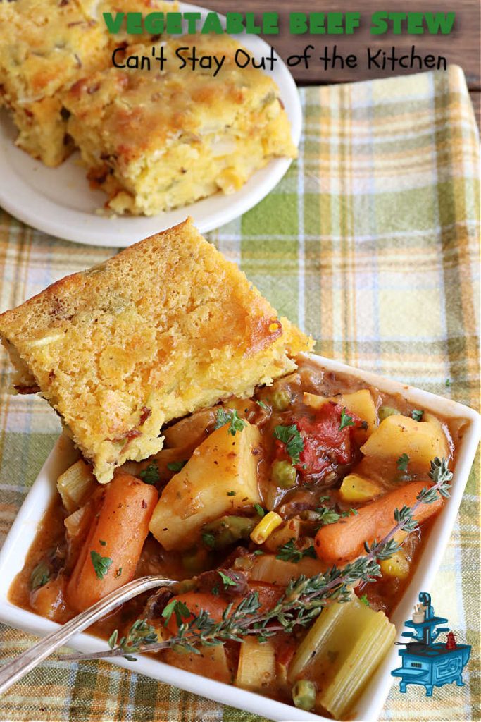 Vegetable Beef Stew | Can't Stay Out of the Kitchen | this amazing #BeefStew is one of our favorite comfort food #recipes. It's so hearty, filling & satisfying that you'll want second & third helpings! #potatoes #carrots #beef #peas #corn #GreenBeans #VegetableBeefStew