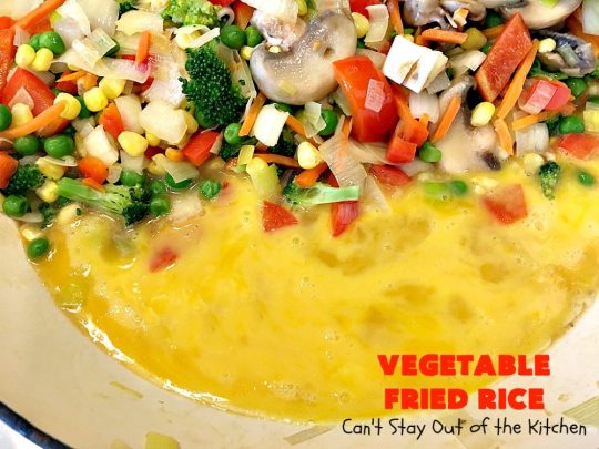 Vegetable Fried Rice | Can't Stay Out of the Kitchen | fantastic 30-minute meal! This amazing #MeatlessMonday entree is chocked full of delicious #veggies making it a much healthier version than many store-bought #FriedRice options. I made it in bulk for #freezermeals. #rice #broccoli #carrots #mushrooms