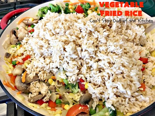 Vegetable Fried Rice | Can't Stay Out of the Kitchen | fantastic 30-minute meal! This amazing #MeatlessMonday entree is chocked full of delicious #veggies making it a much healthier version than many store-bought #FriedRice options. I made it in bulk for #freezermeals. #rice #broccoli #carrots #mushrooms