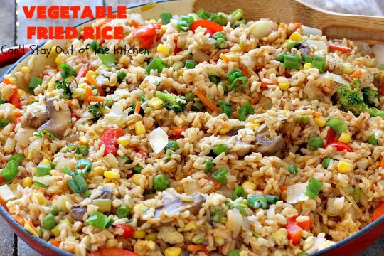Vegetable Fried Rice | Can't Stay Out of the Kitchen | fantastic 30-minute meal! This amazing #MeatlessMonday entree is chocked full of delicious #veggies making it a much healthier version than many store-bought #FriedRice options. I made it in bulk for #freezermeals. #rice #broccoli #carrots #mushrooms