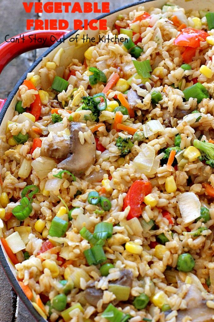 Vegetable Fried Rice | Can't Stay Out of the Kitchen | fantastic 30-minute meal! This amazing #MeatlessMonday entree is chocked full of delicious #veggies making it a much healthier version than many store-bought #FriedRice options. I made it in bulk for #freezermeals. #rice #broccoli #carrots #mushrooms
