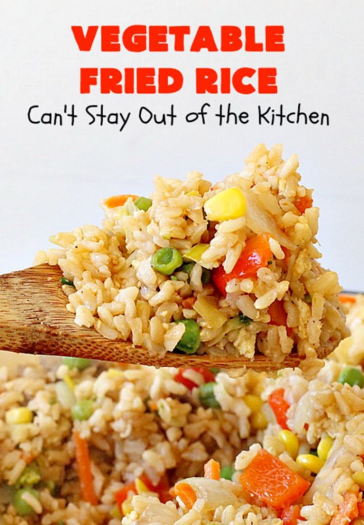 Vegetable Fried Rice | Can't Stay Out of the Kitchen | fantastic 30-minute meal! This amazing #MeatlessMonday entree is chocked full of delicious #veggies making it a much healthier version than many store-bought #FriedRice options. I made it in bulk for #freezermeals. #rice #broccoli #carrots #mushrooms