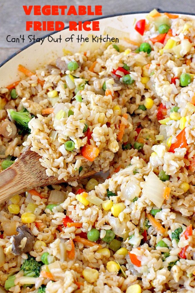 Vegetable Fried Rice | Can't Stay Out of the Kitchen | fantastic 30-minute meal! This amazing #MeatlessMonday entree is chocked full of delicious #veggies making it a much healthier version than many store-bought #FriedRice options. I made it in bulk for #freezermeals. #rice #broccoli #carrots #mushrooms