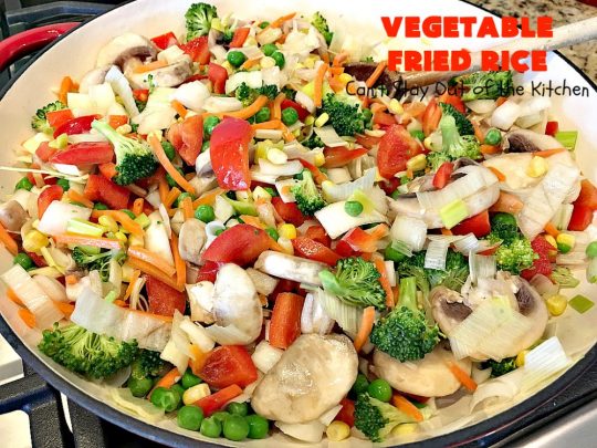 Vegetable Fried Rice | Can't Stay Out of the Kitchen | fantastic 30-minute meal! This amazing #MeatlessMonday entree is chocked full of delicious #veggies making it a much healthier version than many store-bought #FriedRice options. I made it in bulk for #freezermeals. #rice #broccoli #carrots #mushrooms