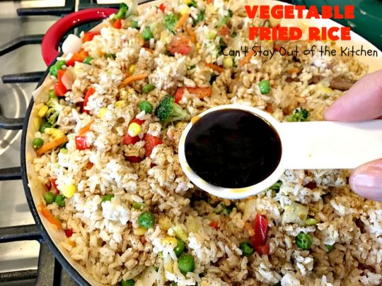 Vegetable Fried Rice | Can't Stay Out of the Kitchen | fantastic 30-minute meal! This amazing #MeatlessMonday entree is chocked full of delicious #veggies making it a much healthier version than many store-bought #FriedRice options. I made it in bulk for #freezermeals. #rice #broccoli #carrots #mushrooms