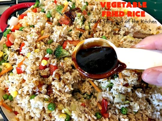 Vegetable Fried Rice | Can't Stay Out of the Kitchen | fantastic 30-minute meal! This amazing #MeatlessMonday entree is chocked full of delicious #veggies making it a much healthier version than many store-bought #FriedRice options. I made it in bulk for #freezermeals. #rice #broccoli #carrots #mushrooms