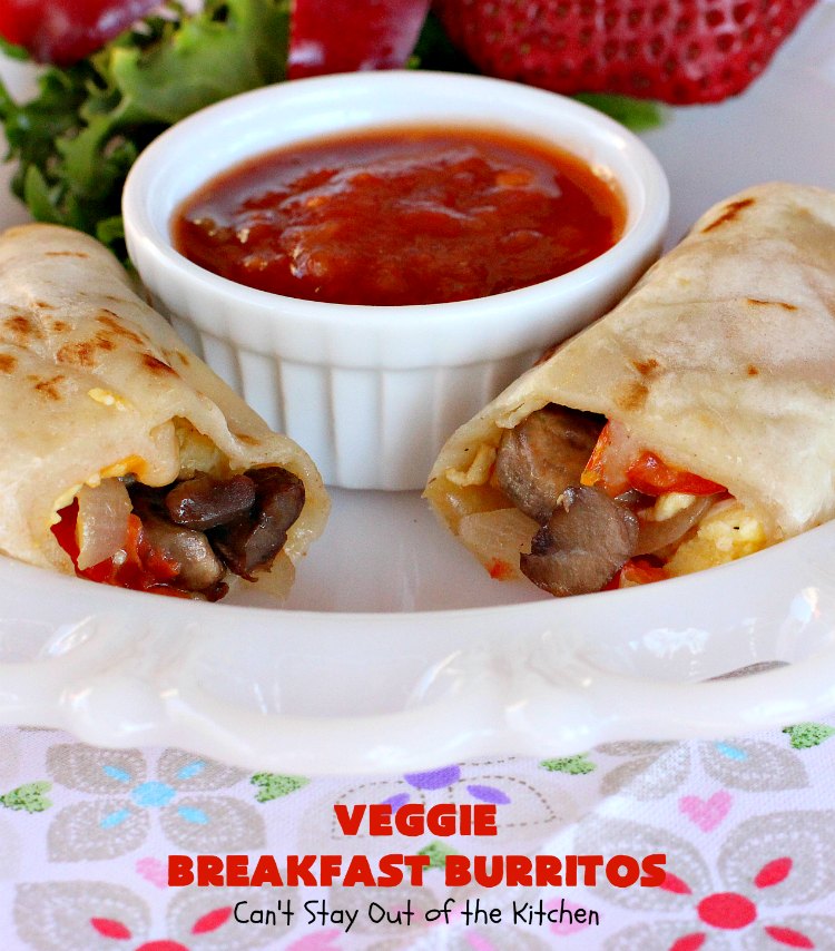 Veggie Breakfast Burritos | Can't Stay Out of the Kitchen | these delicious #burritos are terrific for on-the-go breakfasts. They can be refrigerated or frozen and microwaved just before you're heading out the door! This #healthy #breakfast option is wonderful for company or #MeatlessMondays too. #tomatoes #bellpeppers #mushrooms #tortillas #CheddarCheese #eggs #holiday #HolidayBreakfast #VeggieBreakfastBurritos #BreakfastBurritos #HealthyBreakfastBurritos